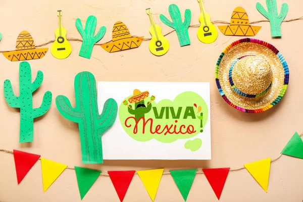 Banner För Lycklig Mexikansk Självständighetsdag Med Sombrero Hatt Och Dekorationer — Stockfoto