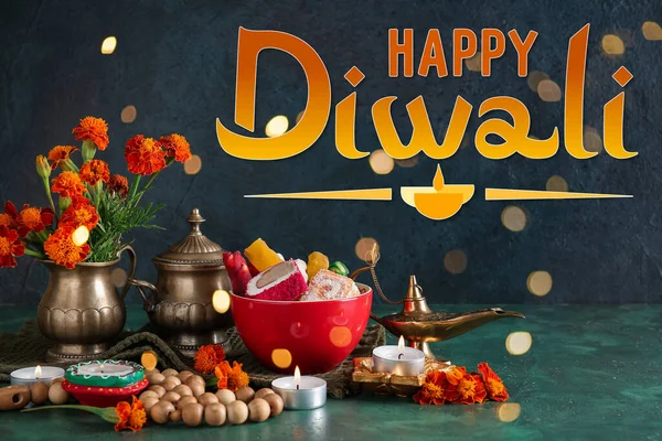 Cartão Felicitações Para Happy Diwali Festival Luzes Com Doces Indianos — Fotografia de Stock