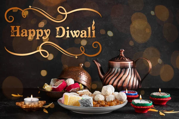 Greeting Card Happy Diwali Festival Lights Indian Sweets Teapot Glowing — Stock Photo, Image