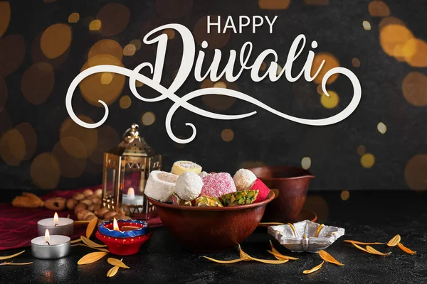 Greeting Card Happy Diwali Festival Lights Indian Sweets Glowing Candles — Stock Photo, Image