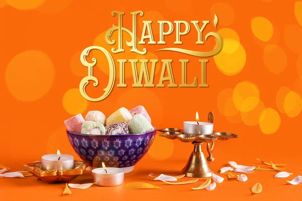 Cartão Felicitações Para Happy Diwali Festival Luzes Com Doces Indianos — Fotografia de Stock
