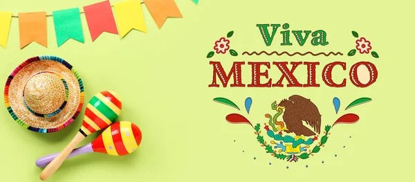 Баннер Честь Дня Независимости Мексики Шляпе Сомбреро Маракасе — стоковое фото