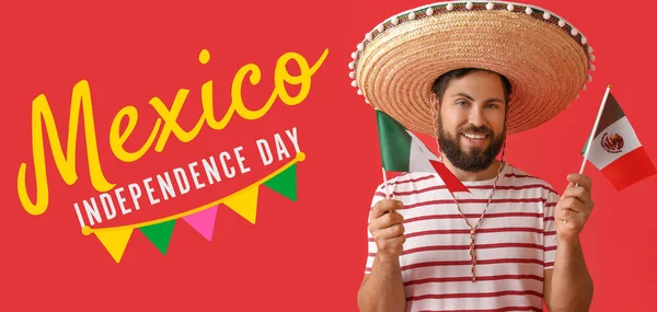 Banner Happy Mexican Independence Day Young Man Flags — Stock Photo, Image