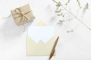 Zarfla bağlanmış kutu, boş kart ve beyaz grunge arka planda kurumuş dal.