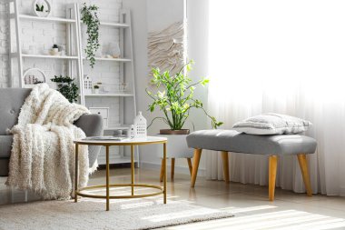 Işıl ışıl oturma odası, rahat gri kanepe ve kahve masası.