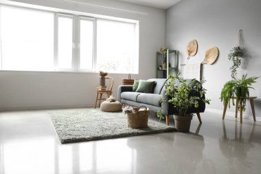 Kanepe, hasır sepet ve çiçeklerle aydınlık oturma odasının içinde.