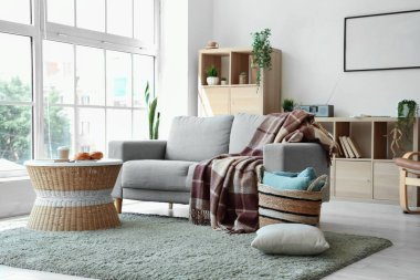 Gri kanepe, sehpa, battaniye ve hasır sepetli modern oturma odası.