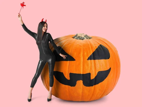 Beautiful Young Woman Halloween Costume Big Pumpkin Pink Background — Stock Photo, Image