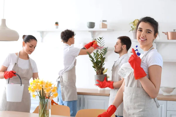 Young Janitors Cleaning Kitchen —  Fotos de Stock