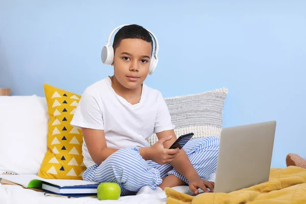 Little African American Boy Laptop Studying Computer Sciences Online Bedroom — Stock Photo, Image