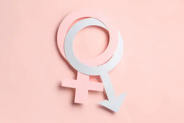 Paper symbols of male and female on pink background