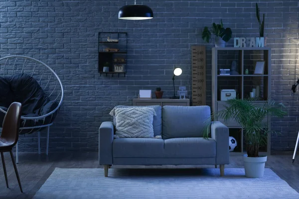 Interior Stylish Living Room Sofa Shelving Unit Night — Stock Photo, Image