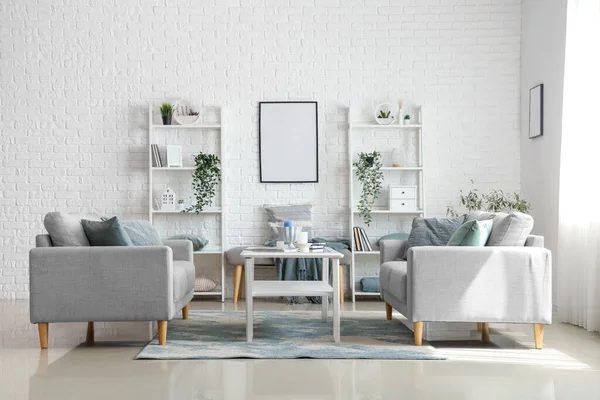Interior Light Living Room Cozy Grey Sofas Coffee Table — Stock Photo, Image