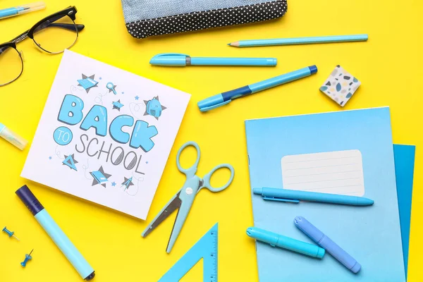 Card Text Back School Toy Plane Different Stationery Yellow Background — Stock Photo, Image