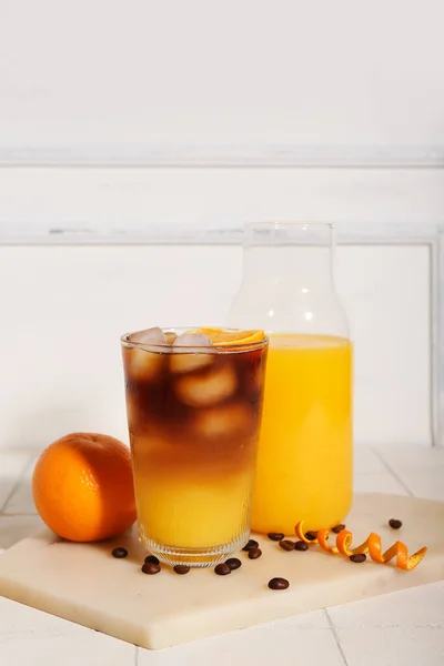 Glass Tasty Orange Espresso Bottle Juice Table — Stock Photo, Image