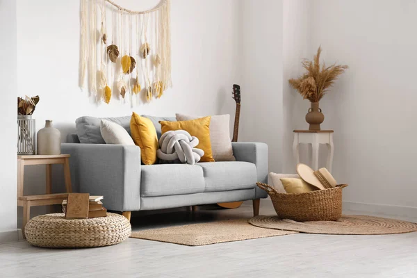 Interior Light Living Room Sofa Wicker Basket — Stock Photo, Image