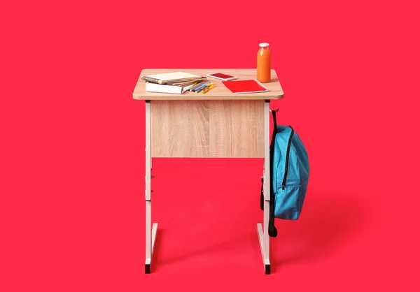 Modern School Desk Red Background — Stock Photo, Image