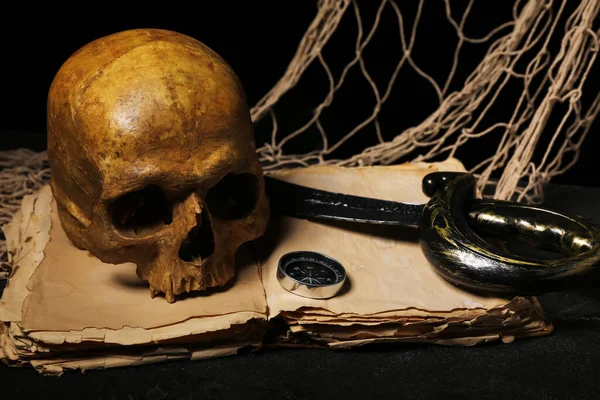 Human Skull Sword Old Manuscripts Net Compass Black Background — Stock Photo, Image