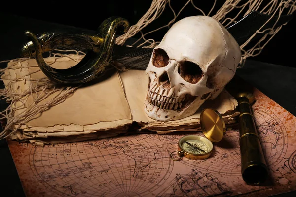 Human Skull Sword Old Manuscripts World Map Compass Black Background — Stock Photo, Image