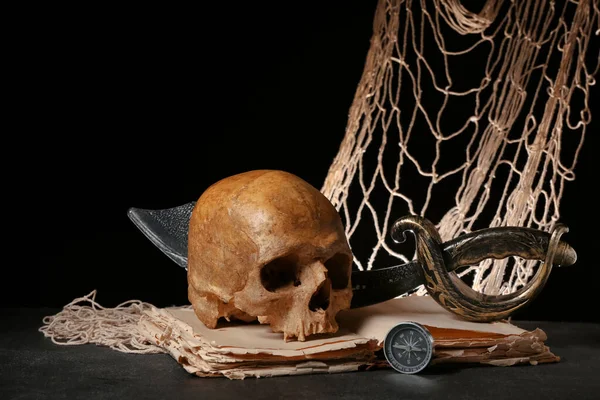 Human Skull Sword Old Manuscripts Net Compass Black Background — Stock Photo, Image