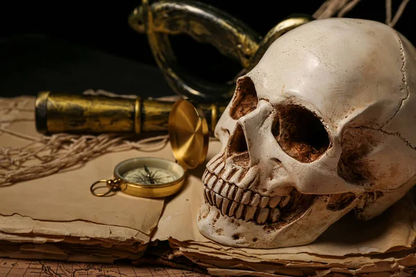 Human Skull Spyglass Old Manuscripts World Map Compass Black Background — Stock Photo, Image