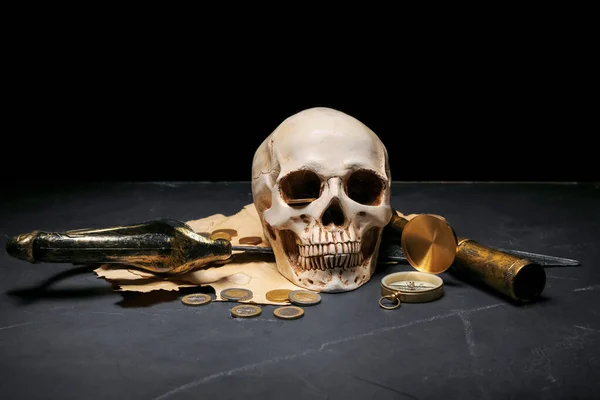 Human Skull Sword Spyglass Compass Coins Black Background — Stock Photo, Image