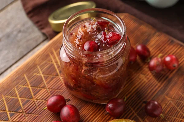 Jar Tasty Gooseberry Jam Table — Stock Photo, Image