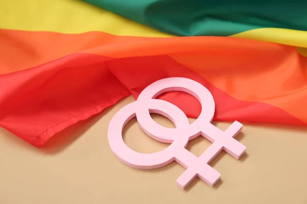 Lgbt Rainbow Flag Female Gender Symbols Beige Background — Stock Photo, Image