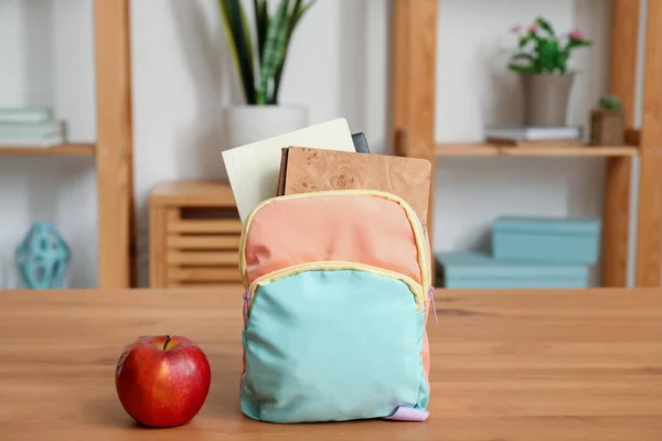 Stylish School Backpack Stationery Fresh Apple Wooden Table Living Room — Stock Photo, Image