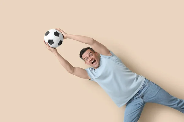 Handsome Man Soccer Ball Beige Background — Stock Photo, Image