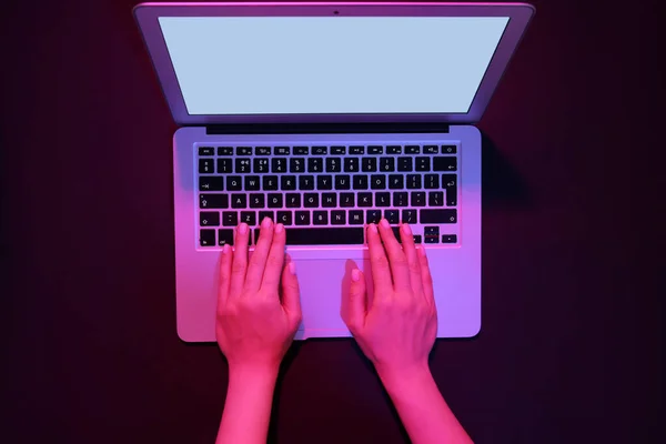 Woman Working Modern Laptop Black Background — Stock Photo, Image