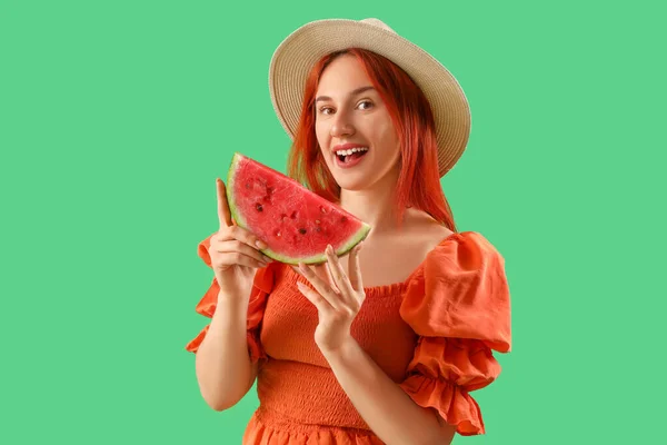 Young Woman Fresh Watermelon Green Background — Stock Photo, Image