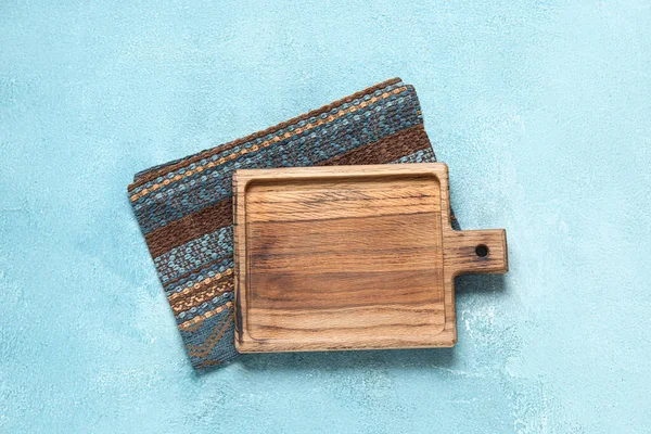 Wooden Board Napkin Grunge Blue Kitchen Table — Stock Photo, Image