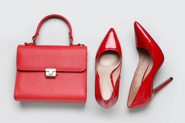 Stylish Red High Heels Handbag Grey Background Stock Image