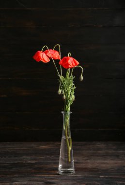 Koyu ahşap arka planda güzel gelincik çiçekleri olan vazo. Anma Günü