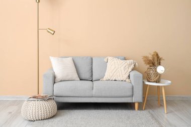 Sıcak gri kanepe ve vazo bej duvarın yanındaki sehpanın üzerinde otlar.