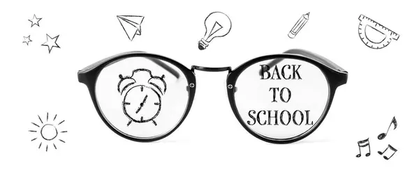 Banner Eyeglasses Text Back School White Background — Stock Photo, Image