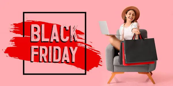 Reklam Affisch För Black Friday Med Glad Ung Kvinna Och — Stockfoto