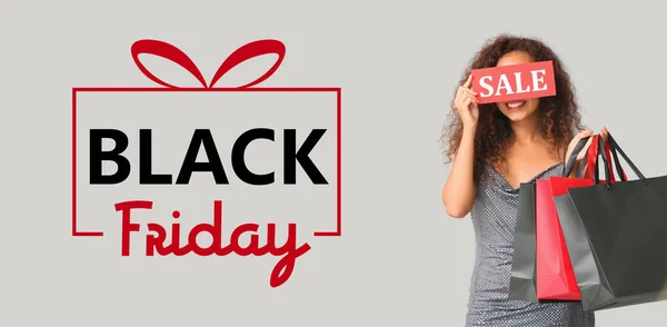 Banner Black Friday Beautiful Young Woman Shopping Bags — Stock Photo, Image