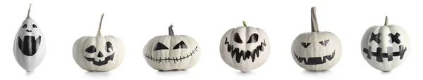 Set Halloween Sütőtök Rajzolt Arcok Fehér Háttér — Stock Fotó
