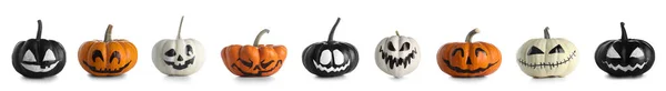 Set Sok Halloween Sütőtök Rajzolt Arcok Fehér Háttér — Stock Fotó