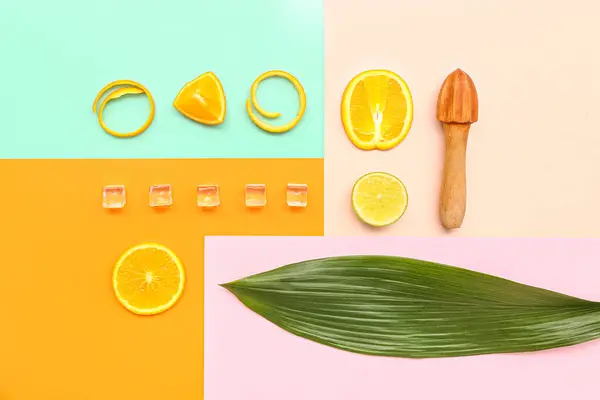 Cut Citrus Juicer Ice Cubes Palm Leaf Color Background — Stock Photo, Image