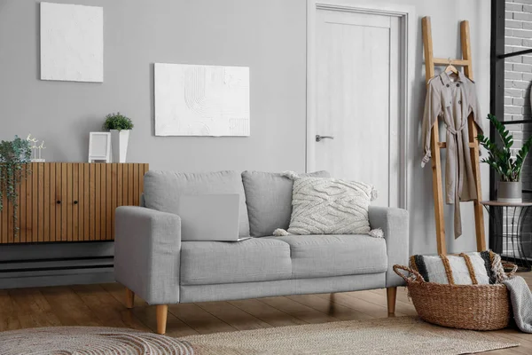 Interior Light Living Room Grey Sofa Ladder — Stock Photo, Image