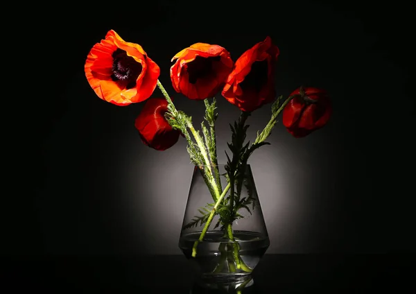 Jarrón Vidrio Con Hermosas Flores Amapola Sobre Fondo Negro —  Fotos de Stock
