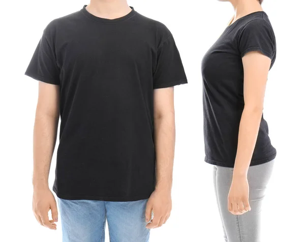 Pareja Joven Camisetas Negras Sobre Fondo Blanco — Foto de Stock