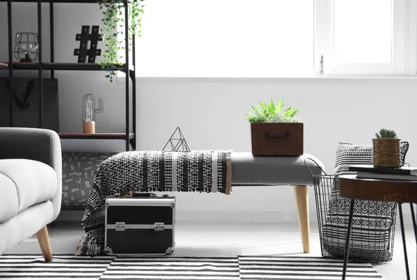 现代客厅里的柔软长椅 家用植物和格子花 — 图库照片