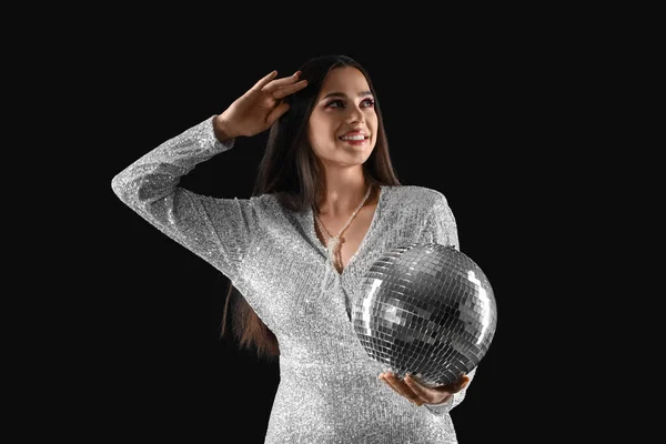 Stylish Young Woman Disco Ball Dark Background — Stock Photo, Image