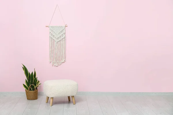 stock image Stylish stool, houseplant and decor hanging on color wall