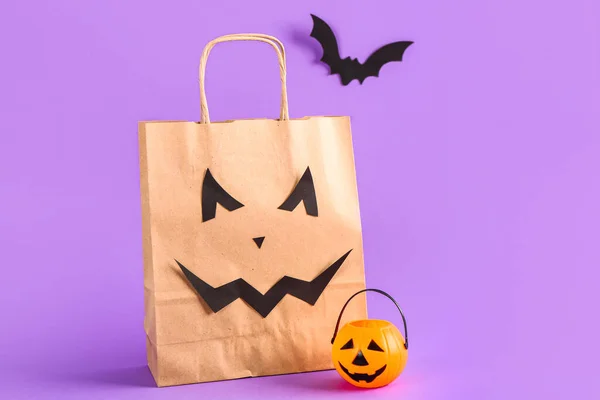 Τσάντα Αγορών Καλάθι Σχήμα Κολοκύθας Και Νυχτερίδας Για Halloween Λιλά — Φωτογραφία Αρχείου