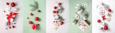 Renk arkaplanı üzerine güzel Noel kompozisyonları kolajı